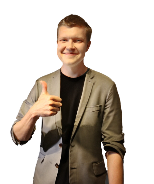 Young man smiling, thumb up. Wearing smart casual business outfit.